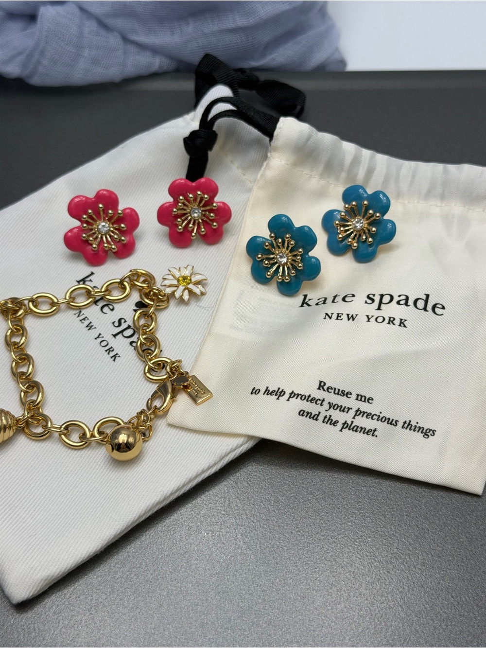 Kate Spade Bees Charm Gold Bracelet and Two Pair of Earrings